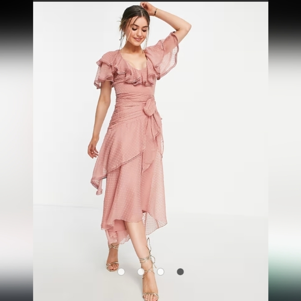 Asos Ruffled Mauve Rose Swiss Dot Sheer Layered Tiered Feminine High Low Maxi 10